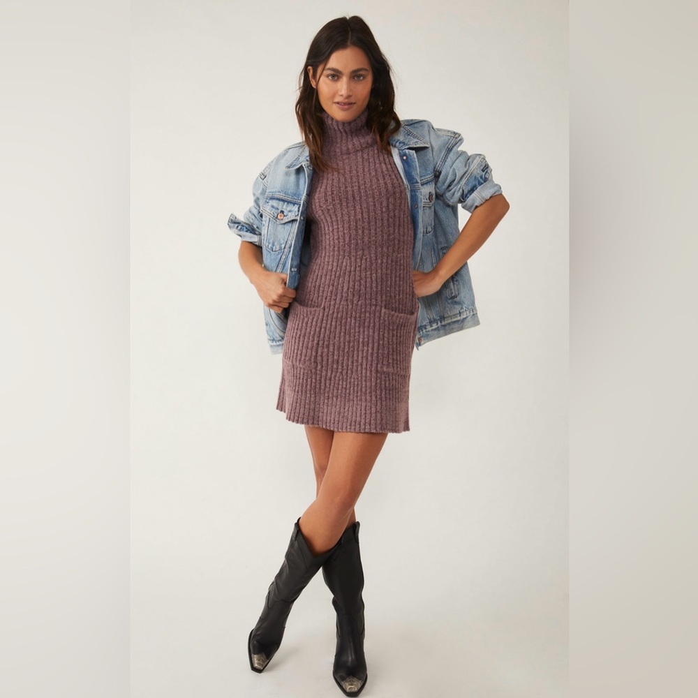 Free People Claude Mini Dress Mauve Purple Knit Turtleneck with Pockets Size L
